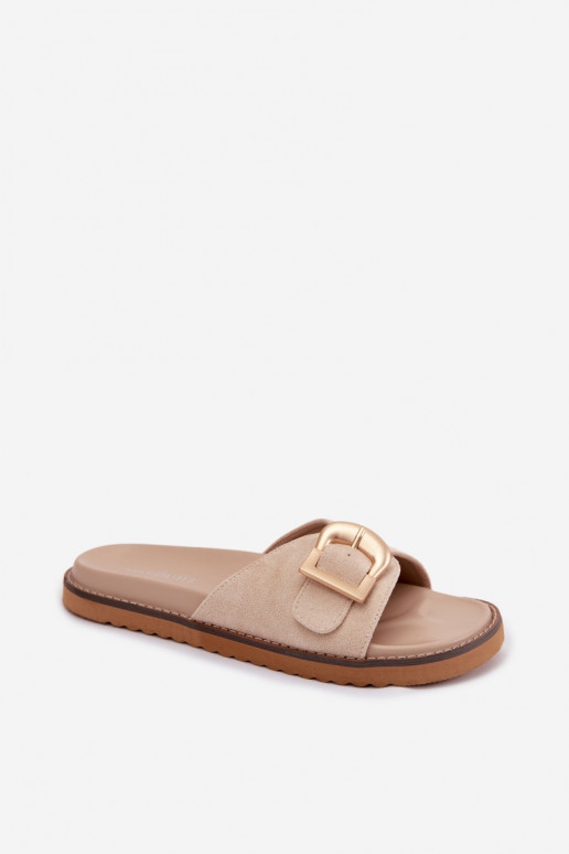 Dramblio kaulo spalvos moteriškos šlepetės su aukso spalvos sagtimis Elviane