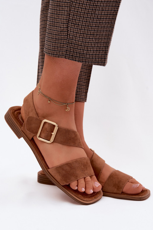 Moteriškos basutės su plačiais kulniukais su aukso spalvos sagtimis rudos spalvos Verissea