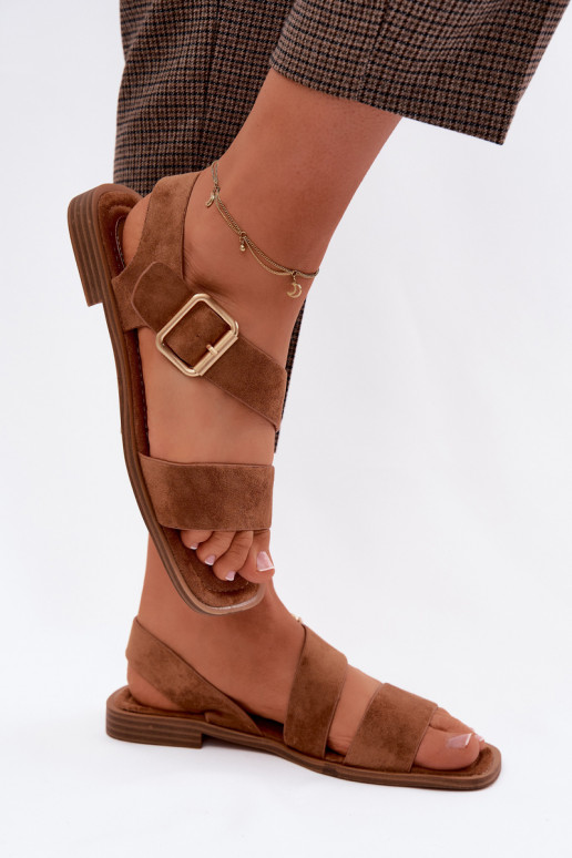 Moteriškos basutės su plačiais kulniukais su aukso spalvos sagtimis rudos spalvos Verissea