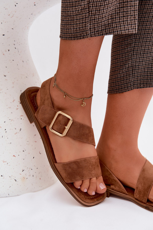 Moteriškos basutės su plačiais kulniukais su aukso spalvos sagtimis rudos spalvos Verissea