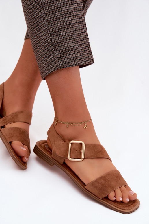 Moteriškos basutės su plačiais kulniukais su aukso spalvos sagtimis rudos spalvos Verissea