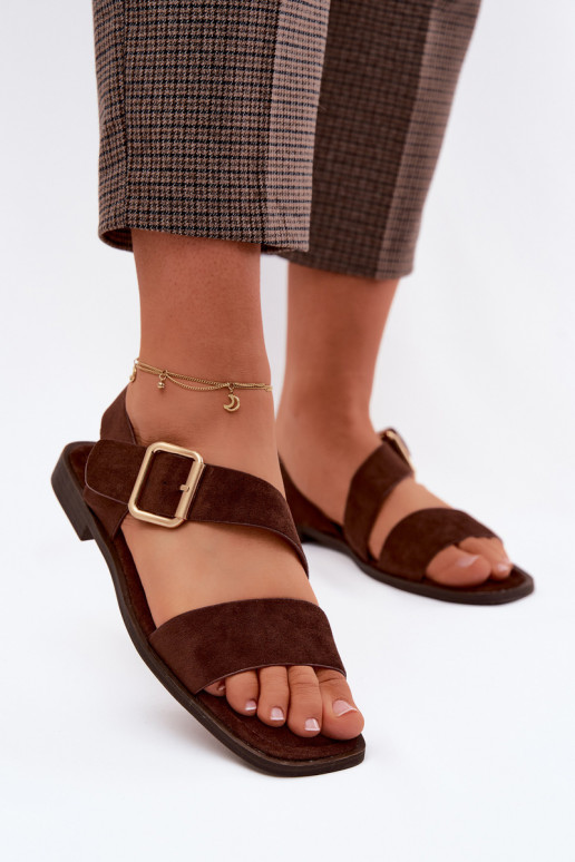 Moteriškos basutės su plačiais kulniukais su aukso spalvos sagtimis CzekoladoĮe Verissea