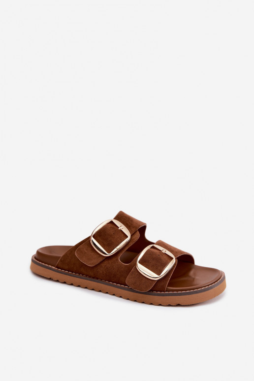 Moteriškos šlepetėssuImitacji iš zomšosu aukso spalvos su sagtelėmis rudos spalvos Averia