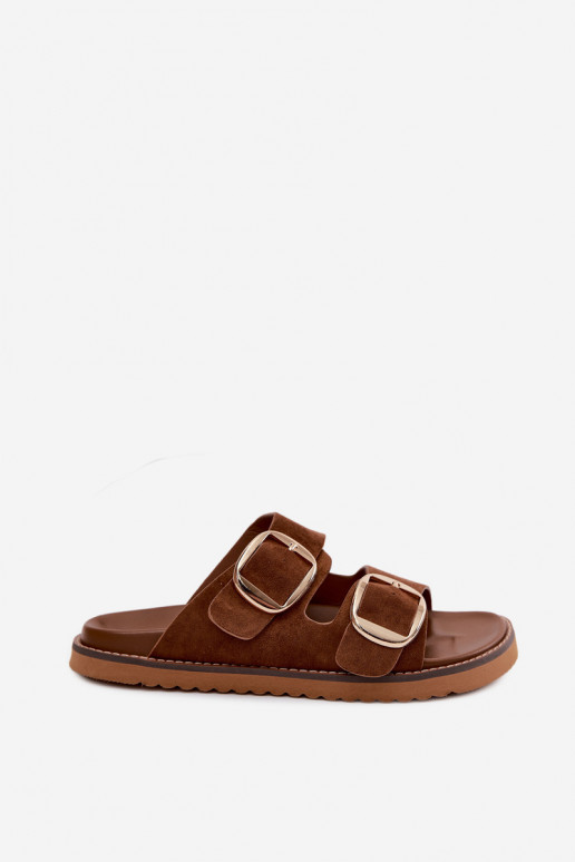 Moteriškos šlepetėssuImitacji iš zomšosu aukso spalvos su sagtelėmis rudos spalvos Averia