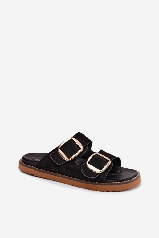 Moteriškos šlepetėssuImitacji iš zomšosu aukso spalvos su sagtelėmis juodos spalvos Averia