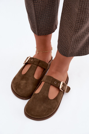 Moteriškos šlepetės MulesuImitacji iš zomšosu chaki spalvos Melvia