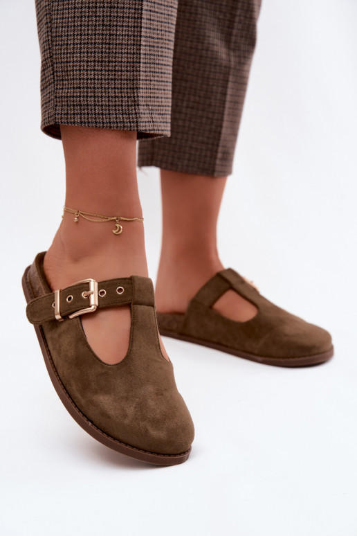 Moteriškos šlepetės MulesuImitacji iš zomšosu chaki spalvos Melvia