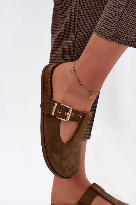 Moteriškos šlepetės MulesuImitacji iš zomšosu chaki spalvos Melvia