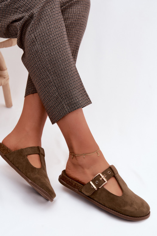 Moteriškos šlepetės MulesuImitacji iš zomšosu chaki spalvos Melvia