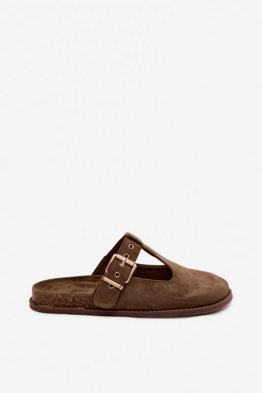 Moteriškos šlepetės MulesuImitacji iš zomšosu chaki spalvos Melvia