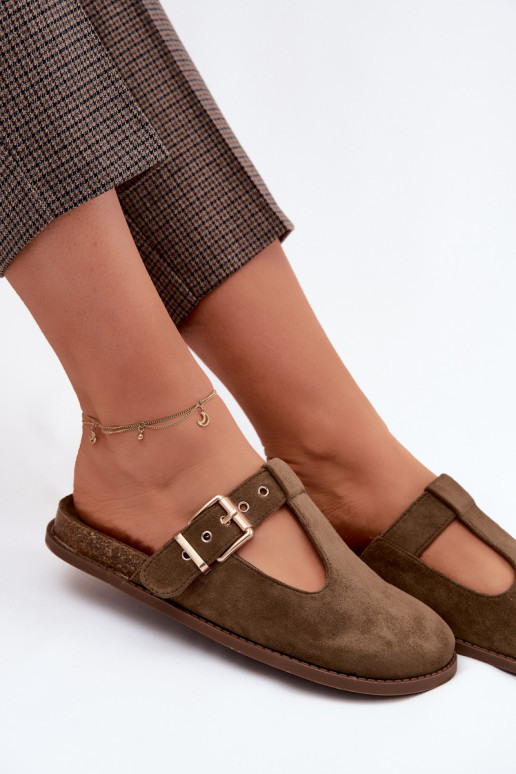 Moteriškos šlepetės MulesuImitacji iš zomšosu chaki spalvos Melvia