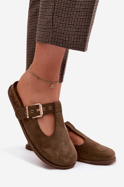 Moteriškos šlepetės MulesuImitacji iš zomšosu chaki spalvos Melvia