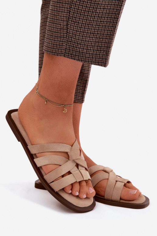 Šlepetės Moteriškas butas su juostelėmis Imitacja iš zomšosu smėlio spalvos Calvia