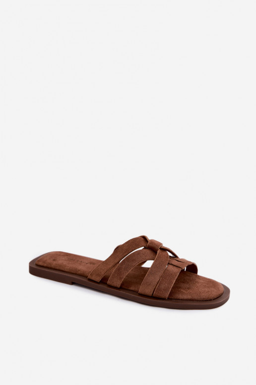 Šlepetės Moteriškas butas su juostelėmis Imitacja iš zomšosu rudos spalvos Calvia