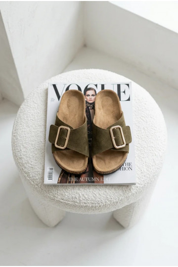 Oda Moteriškos zomšinės šlepetės su sagtimis chaki spalvos Beryl