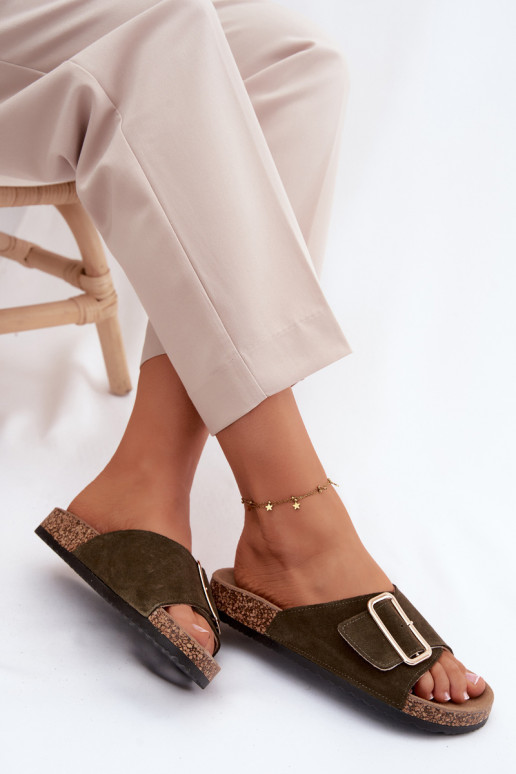 Oda Moteriškos zomšinės šlepetės su sagtimis chaki spalvos Beryl