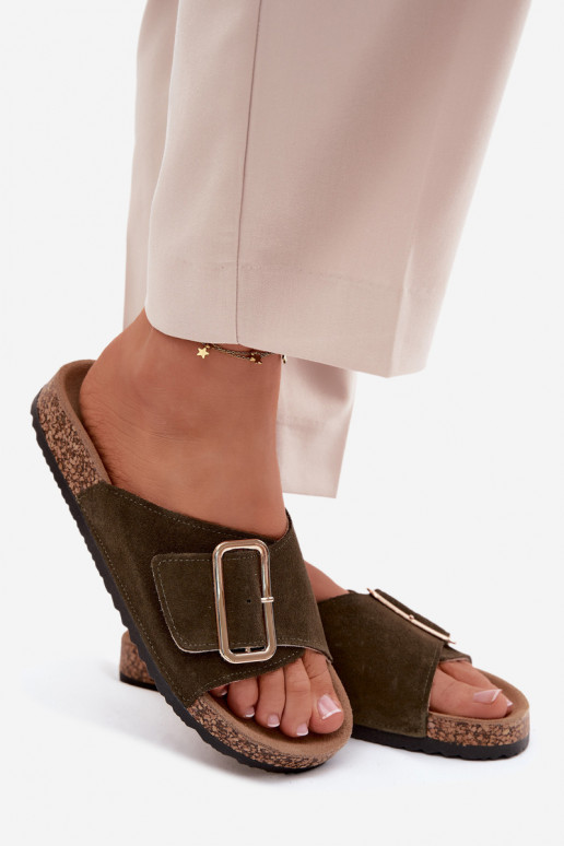 Oda Moteriškos zomšinės šlepetės su sagtimis chaki spalvos Beryl