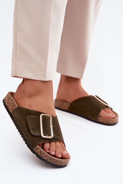 Oda Moteriškos zomšinės šlepetės su sagtimis chaki spalvos Beryl