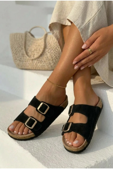 zomšinės šlepetės Ant kamštinio pado su sagtimis juodos spalvos Tavira