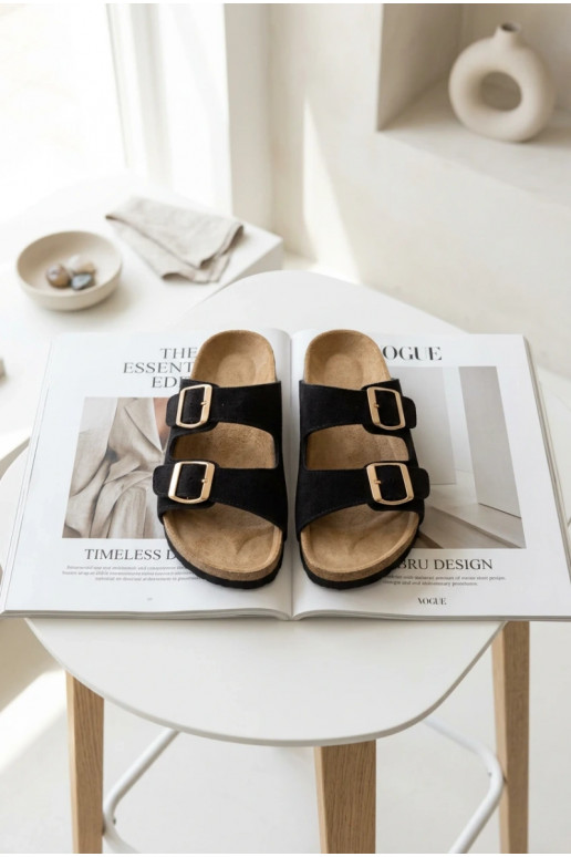 zomšinės šlepetės Ant kamštinio pado su sagtimis juodos spalvos Tavira