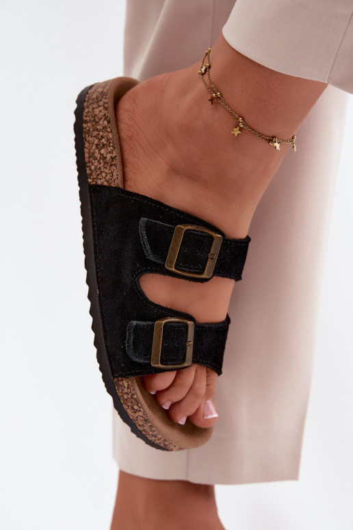 zomšinės šlepetės Ant kamštinio pado su sagtimis juodos spalvos Tavira