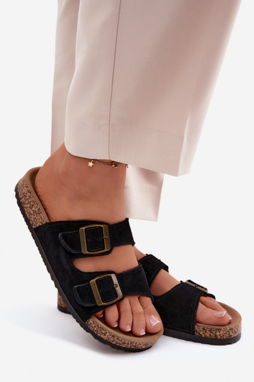 zomšinės šlepetės Ant kamštinio pado su sagtimis juodos spalvos Tavira