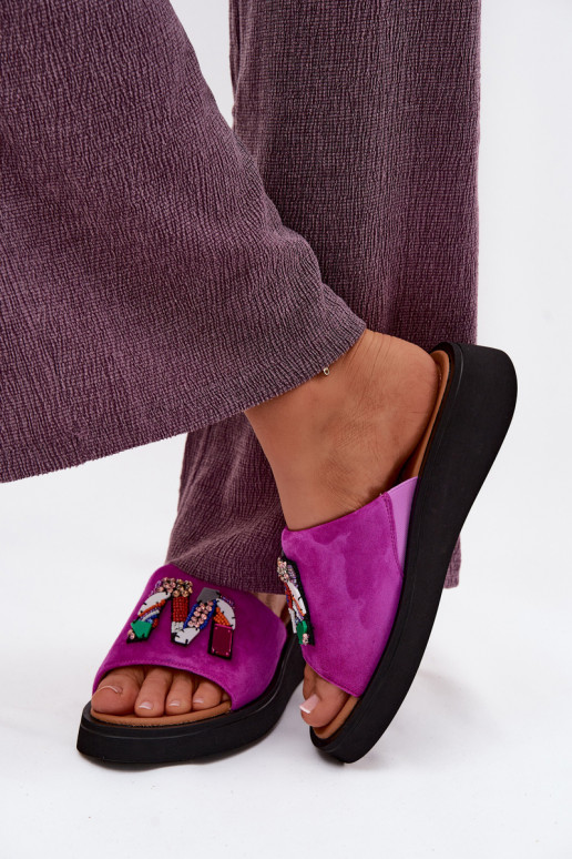 Oda Moteriškos zomšinės šlepetės su ornamentais su platforma Vinceza 66942 rožinės spalvos