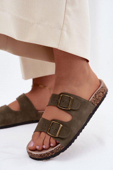 Moteriškos šlepetės su sagtimis Ant kamštinio pado chaki spalvos Harleen