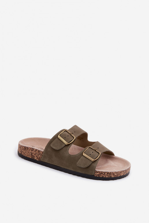 Moteriškos šlepetės su sagtimis Ant kamštinio pado chaki spalvos Harleen