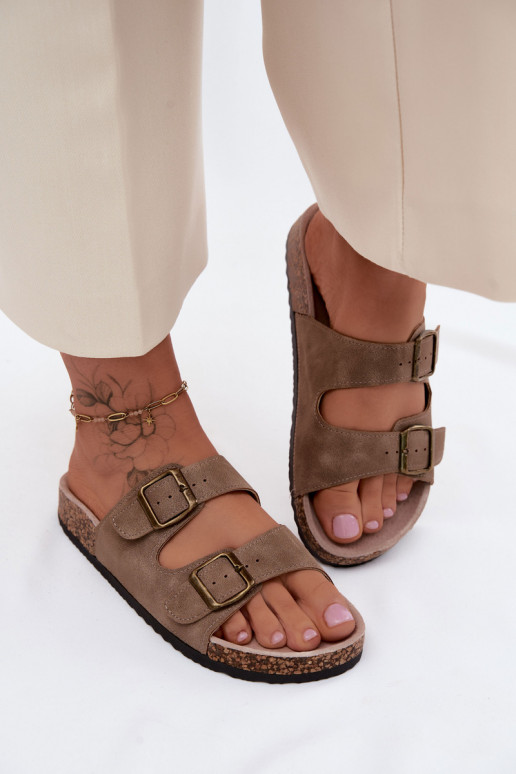 Moteriškos šlepetės su sagtimis Ant kamštinio pado chaki spalvos Harleen