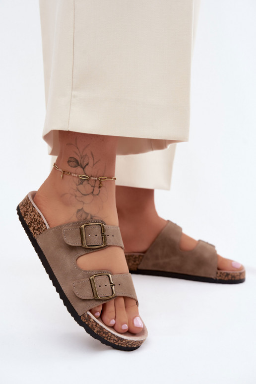 Moteriškos šlepetės su sagtimis Ant kamštinio pado chaki spalvos Harleen