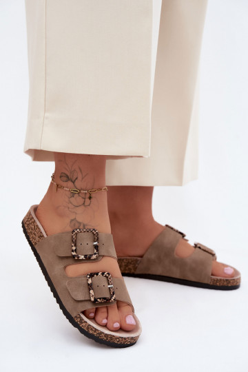 Moteriškos šlepetės Ant kamštinio pado su sagtelėmis gyvatės raštais smėlio spalvos Melia