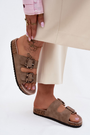 Moteriškos šlepetės Ant kamštinio pado su sagtelėmis gyvatės raštais smėlio spalvos Melia 2