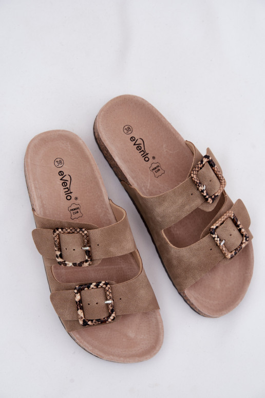 Moteriškos šlepetės Ant kamštinio pado su sagtelėmis gyvatės raštais smėlio spalvos Melia