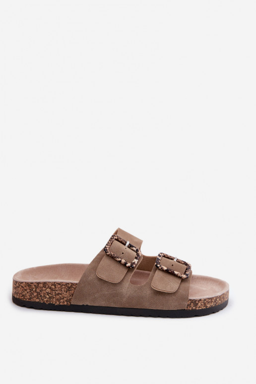 Moteriškos šlepetės Ant kamštinio pado su sagtelėmis gyvatės raštais smėlio spalvos Melia