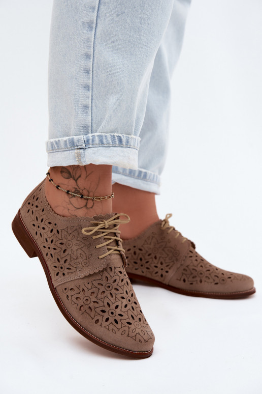 Oda iš zomšos batai Moteriškas su aužūro elementais su plačiais kulniukais Zazoo 4156 kapučino spalvos