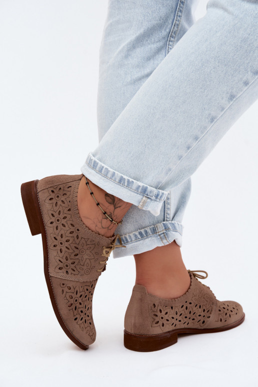 Oda iš zomšos batai Moteriškas su aužūro elementais su plačiais kulniukais Zazoo 4156 kapučino spalvos