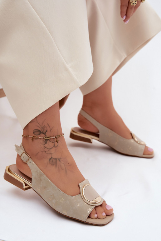 Moteriškos basutės su plačiais kulniukais su ornamentais aukso spalvos Glima