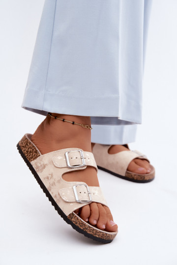 Moteriškas Šlepetės Ant Koreko su sagtimis smėlio spalvos-aukso spalvos Vivio 2