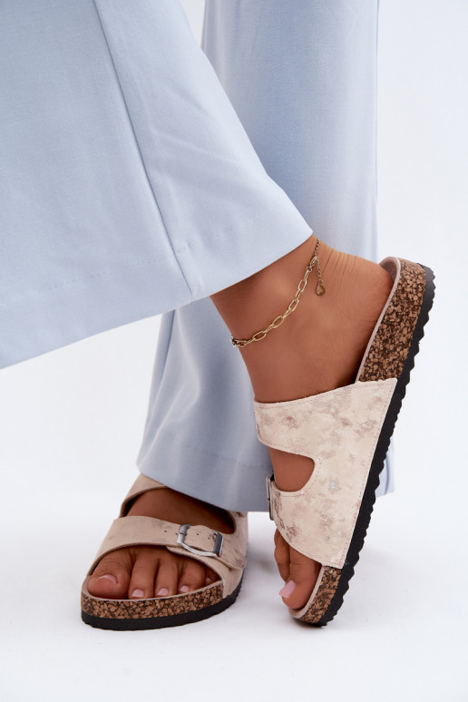 Moteriškas Šlepetės Ant Koreko su sagtimis smėlio spalvos-aukso spalvos Vivio