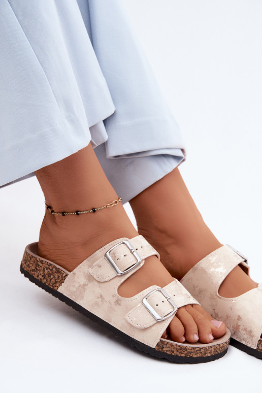 Moteriškas Šlepetės Ant Koreko su sagtimis smėlio spalvos-aukso spalvos Vivio