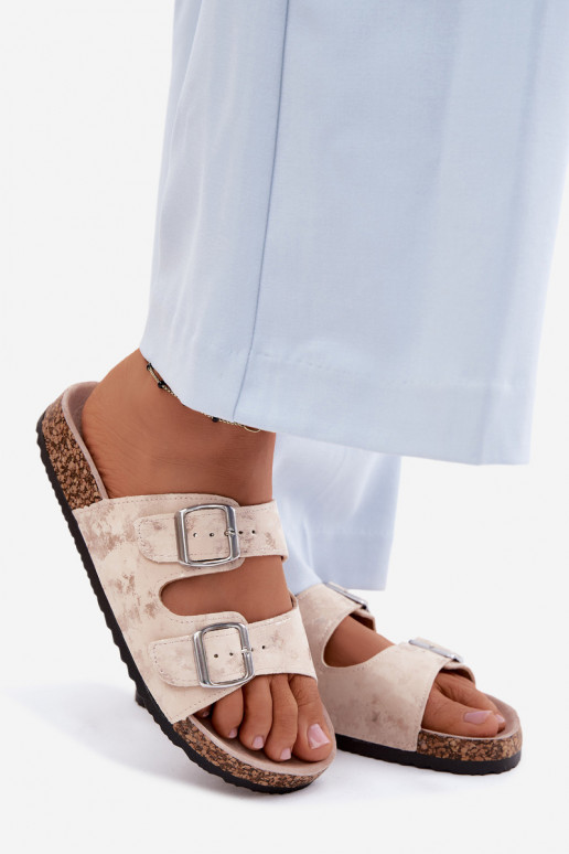 Moteriškas Šlepetės Ant Koreko su sagtimis smėlio spalvos-aukso spalvos Vivio