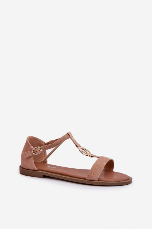 Lygiapadės basutės moterims su aukso spalvos detalėmis Vinceza 17321 smėlio spalvos