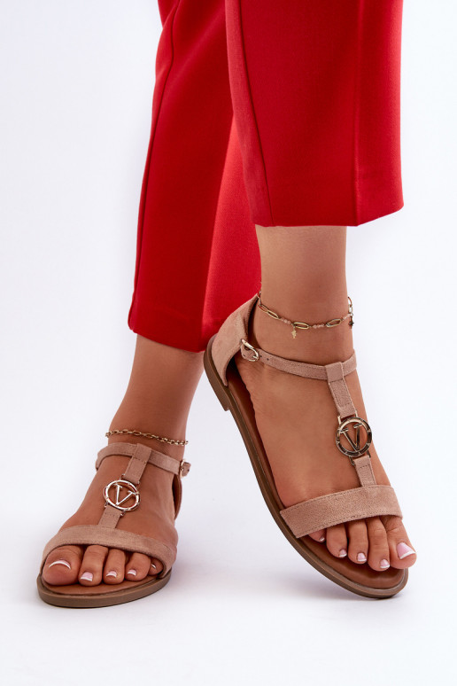 Lygiapadės basutės moterims su aukso spalvos detalėmis Vinceza 17321 smėlio spalvos