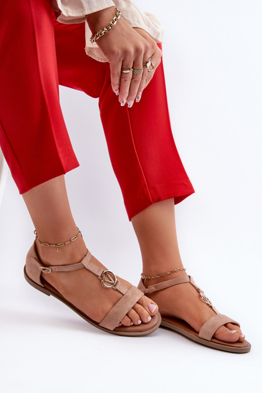 Lygiapadės basutės moterims su aukso spalvos detalėmis Vinceza 17321 smėlio spalvos