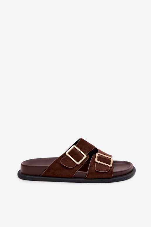 Moteriškos šokoladinės spalvos šlepetės iš dirbtinio zomšo su aukso spalvos sagtelėmis Selissea