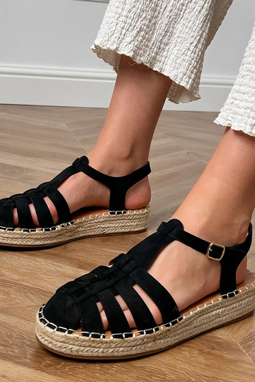 Juodos dirbtinės zomšos espadrilės gladiatoriai sandalai Talejda