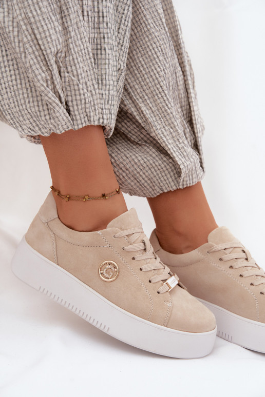 Oda iš zomšos Sneakers modelio batai Moteriškas su platforma smėlio spalvos Dainty