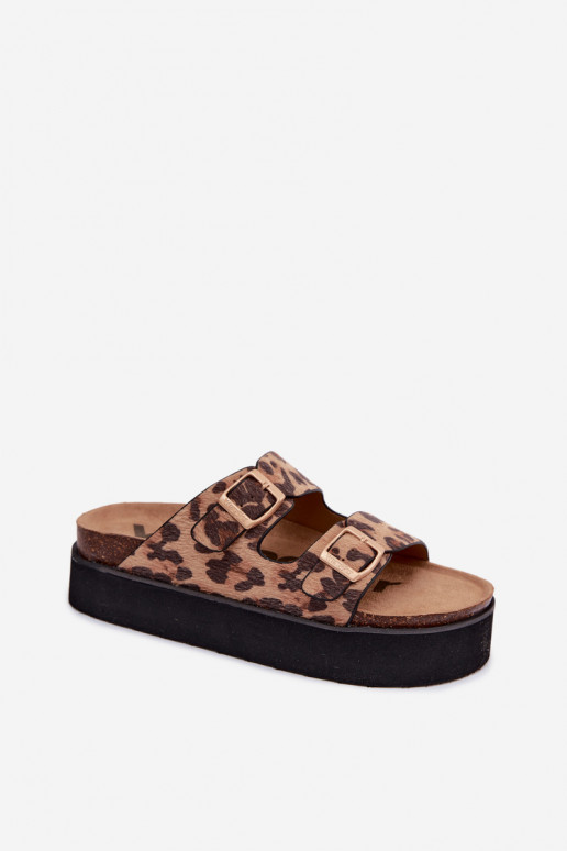 Moteriškos šlepetės su platforma ir sagtimis, leopardo rašto