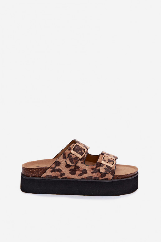 Moteriškos šlepetės su platforma ir sagtimis, leopardo rašto